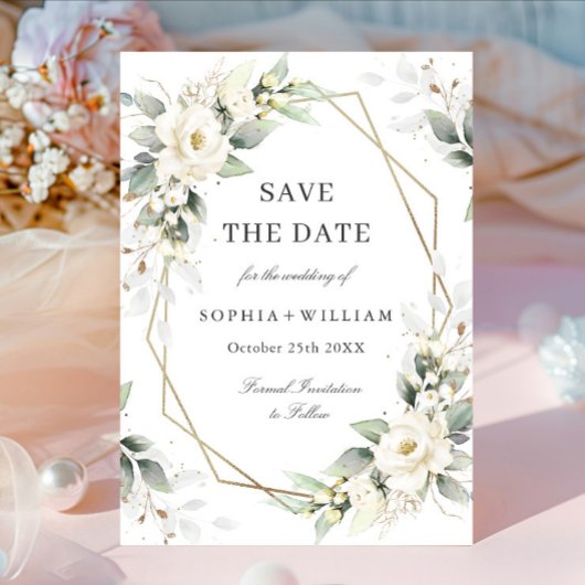 Save The Date Elégant Pastel White Roses Eucalyptus Mariage