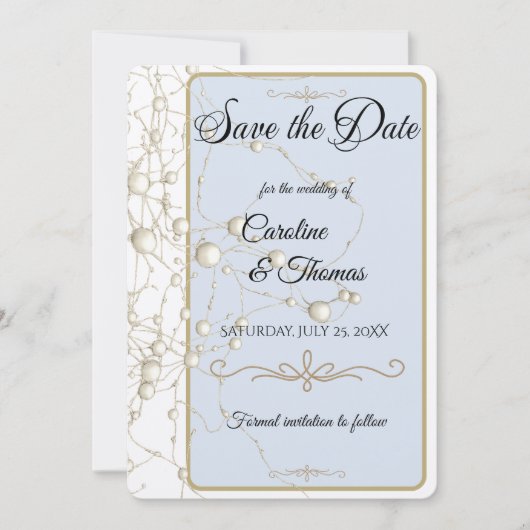 Save The Date Elégant Pearl Gold Script Mariage Perles romantiqu (Devant)
