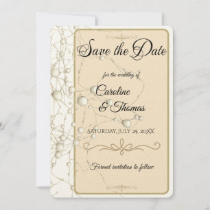 Save The Date Elégant Pearl Gold Script Mariage Perles romantiqu