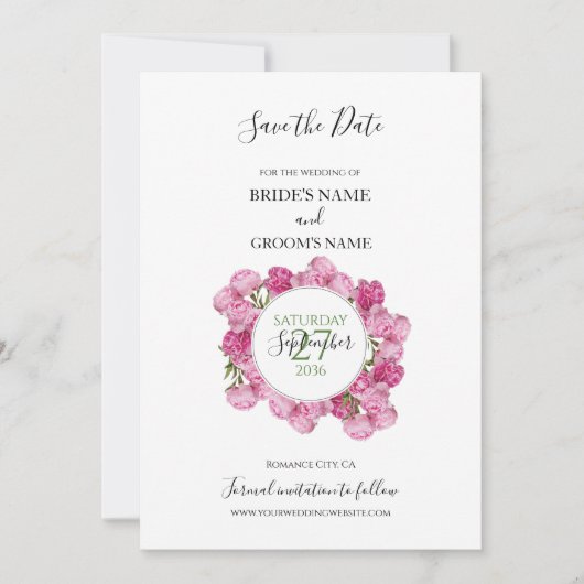 Save The Date Elégant Peonies Roses Mariage Enregistrer La Date (Devant)