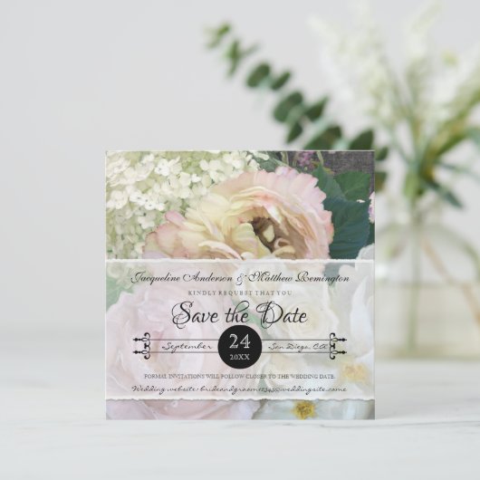 Save The Date Elégant Peony Hydrangea Blush Rose Rose Art Floral (Debout devant)