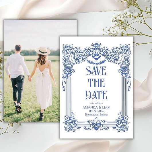 Save The Date Élégant Photo Baroque Blue Colonne Mariage