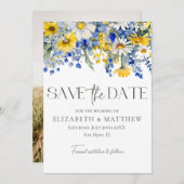 Save The Date Élégant Photo Bleu Jaune Fleurs sauvages Mariage B (Devant / Derrière)