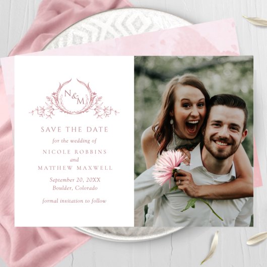 Save The Date Elegant Photo Dusty Rose Monogram Wedding