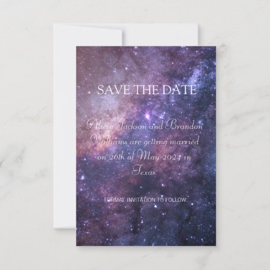 Save The Date Élégant Photo Galaxy Stars Céleste Texte Mariage (Dos)