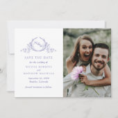 Save The Date Élégant photo violet Mariage de monogramme (Devant)
