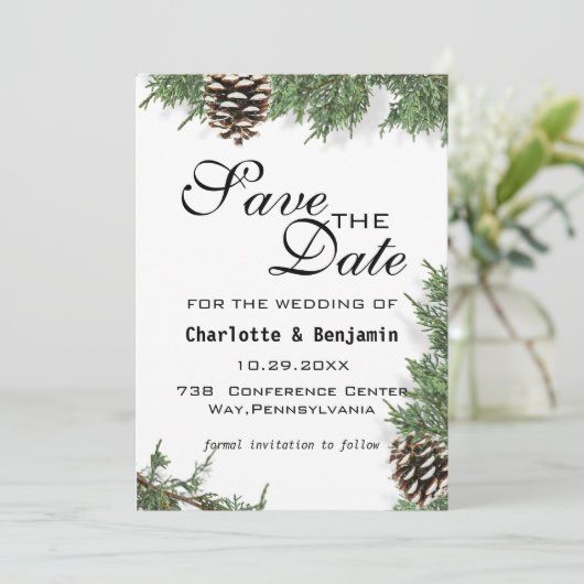 Save The Date Élégant Pin Vert Hiver Enregistrer La Date (Debout devant)
