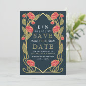 Save The Date Elegant Pink Peony Art Nouveau Wedding Photo (Debout devant)
