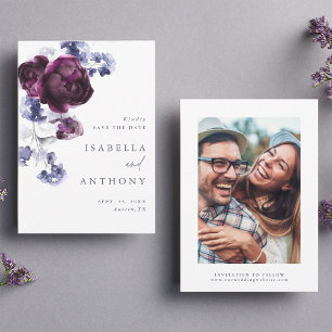 Save The Date Élégant Plum violet & Indigo Mariage Floral bleu