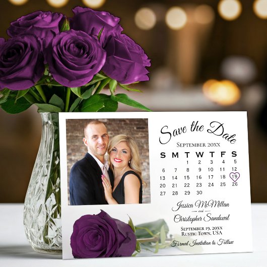 Save The Date Élégant Plum violet Rose Mariage Calendrier & Phot