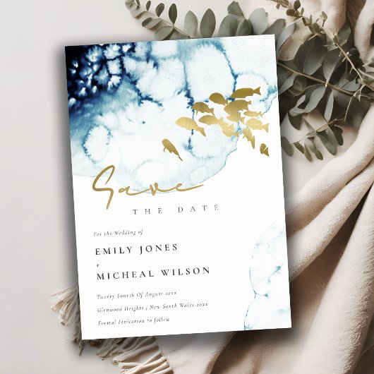 Save The Date Élégant Poisson Marin Or Navy Aquarelle