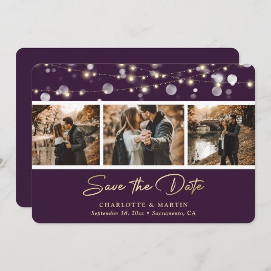 Save The Date Élégant Purple Gold Mariage Photo Enregistrer La D (Devant / Derrière)
