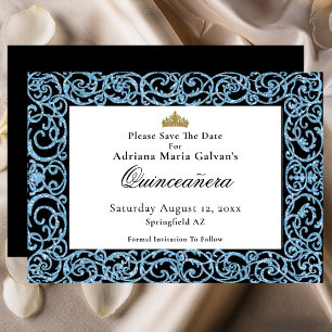 Save The Date Élégant Quinceanera Motif de défilement bleu clair