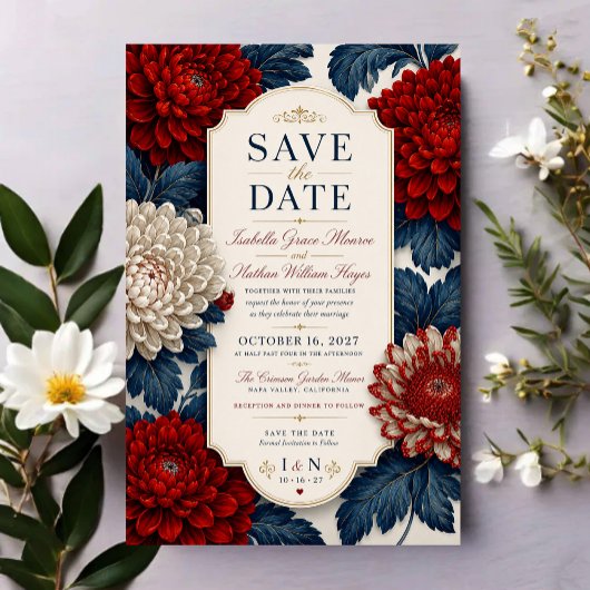 Save The Date Elegant Red Chrysanthemum Flora