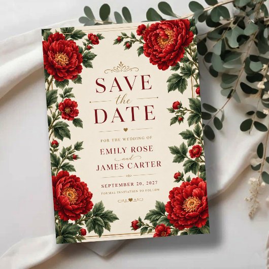 Save The Date Elegant Red Peony Floral