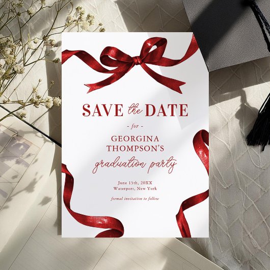 Save The Date Elegant Red Watercolor Bow Graduation