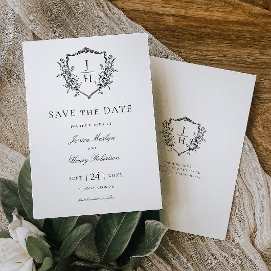 Save The Date Élégant régence Floral Crest Monogram Mariage