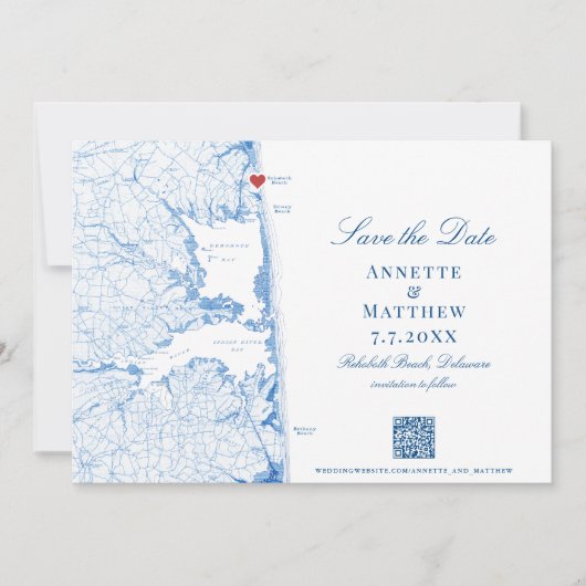 Save The Date Elégant Rehoboth Beach Map Mariage de marine (Devant)