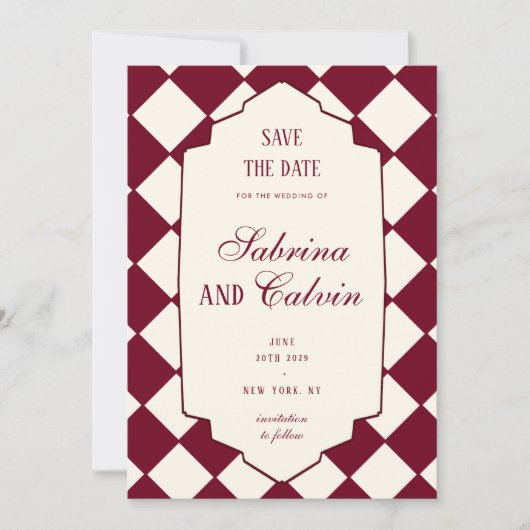 Save The Date Elegant Retro Checkered Burgundy Wedding (Devant)