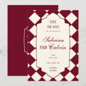 Save The Date Elegant Retro Checkered Burgundy Wedding (Devant / Derrière)