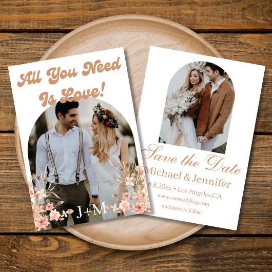 Save The Date élégant rétro chic script 2 arcs photos boho