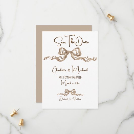Save The Date Elegant Ribbon & Bow Warm Brown Classic Wedding (Devant/Arrière en situation)