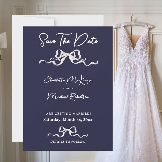 Save The Date Elegant Romantic Navy Ribbon Wedding