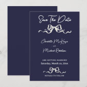 Save The Date Elegant Romantic Wedding Navy & White Ribbon & Bow (Devant / Derrière)