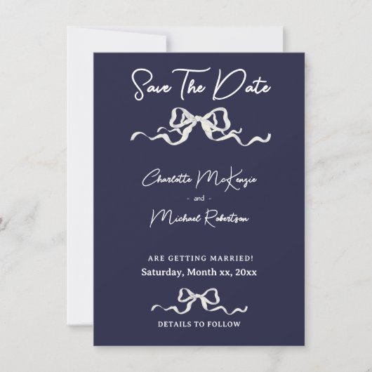 Save The Date Elegant Romantic Wedding Navy & White Ribbon & Bow (Devant)