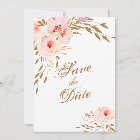 Save The Date Elégant Romantique Or rose Aquarelle florale (Devant)
