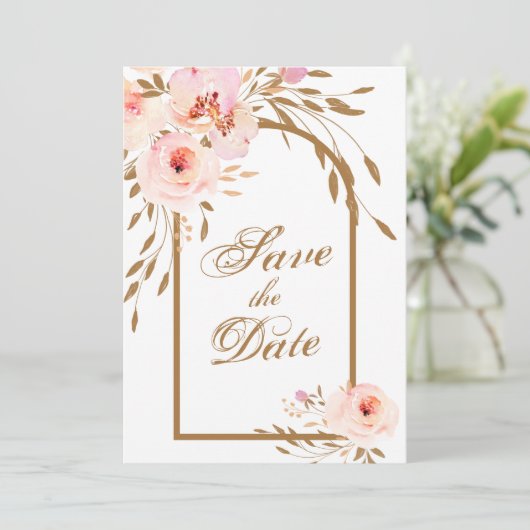 Save The Date Élégant Romantique rose Blush or Floral (Debout devant)