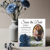 Save The Date Élégant Rose bleu acier Oval Photo Mariage blanc