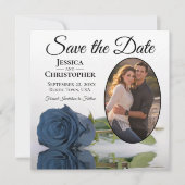 Save The Date Élégant Rose bleu acier Oval Photo Mariage blanc (Devant)