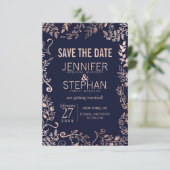 Save The Date Elégant Rose bleu marine or Mariage floral (Debout devant)