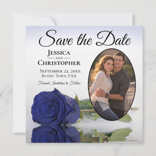 Save The Date Élégant Rose bleu marine Oval Photo Mariage (Devant)