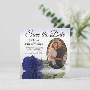 Save The Date Élégant Rose bleu marine Oval Photo Mariage