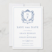 Save The Date Élégant Rose Bleu Monogram Crest Mariage (Devant)