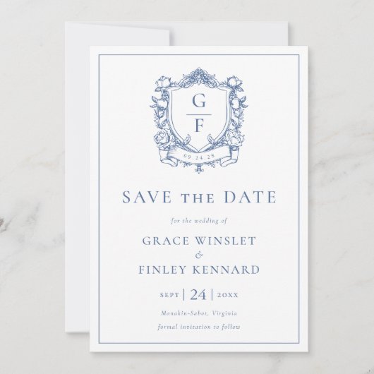 Save The Date Élégant Rose Bleu Monogram Crest Mariage (Devant)