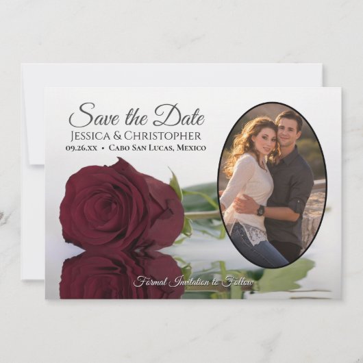 Save The Date Élégant Rose bourguignon avec Mariage Oval Photo (Devant)