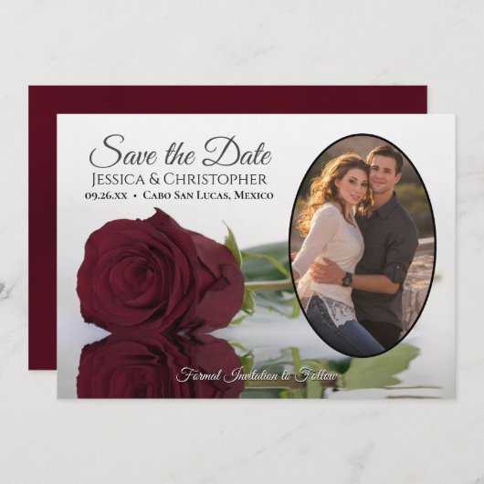 Save The Date Élégant Rose bourguignon avec Mariage Oval Photo (Devant / Derrière)
