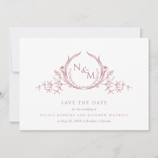 Save The Date Elégant Rose d'aquarelle Dusty Mariage de monogram (Devant)