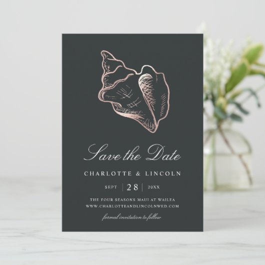 Save The Date Élégant Rose Gold Conch Mariage Shell (Debout devant)