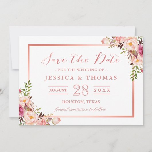 Save The Date Elégant Rose Gold Floral Wedding Enregistrer la da (Devant)