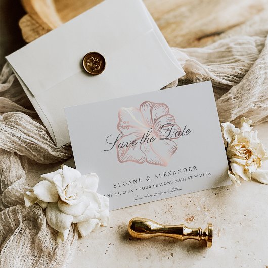 Save The Date Élégant Rose Gold Tropical Hibiscus Mariage de fle