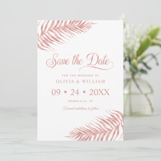Save The Date Élégant Rose Gold Tropical Palm Leaf Mariage Enreg (Debout devant)