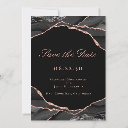 Save The Date Élégant Rose noir Gold Foil Agate Mariage Photo (Devant)