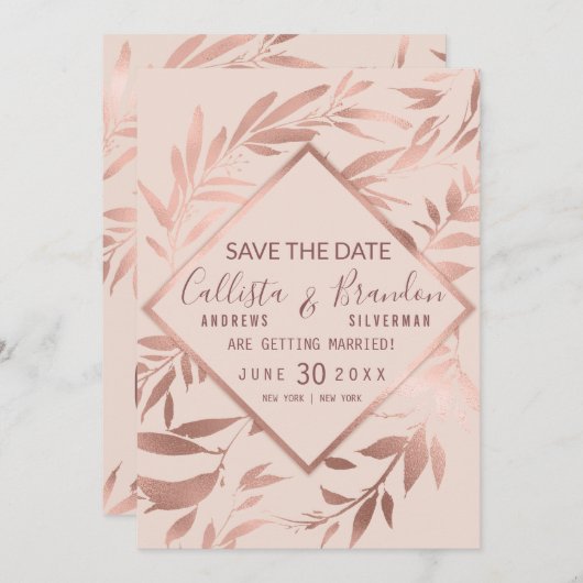 Save The Date Élégant Rose or rose Feuilles floraux (Devant / Derrière)