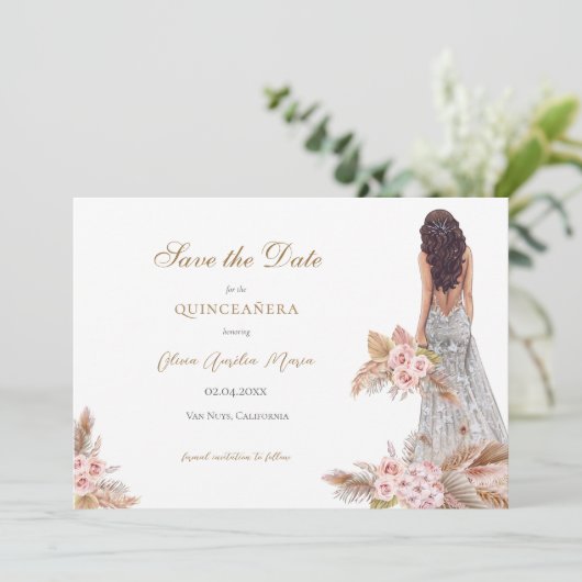 Save The Date Élégant Rose Pampas Grass Quinceañera (Debout devant)