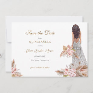 Save The Date Élégant Rose Pampas Grass Quinceañera