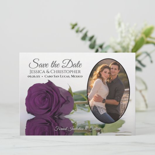 Save The Date Élégant Rose violet de prune avec Mariage photo ov (Debout devant)